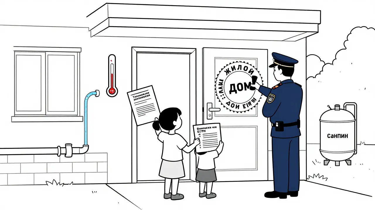 Семья получает официальный статус жилого дома, на двери стоит печать 'ЖИЛОЙ ДОМ' с видимыми системами отопления и водоснабжения.