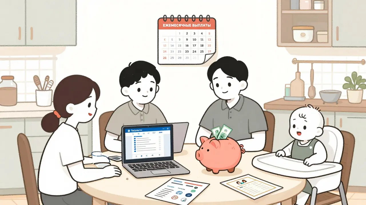 Семья за компьютером на «Госуслугах», на экране — заявка на ежемесячные выплаты, рядом — копилка и календарь.