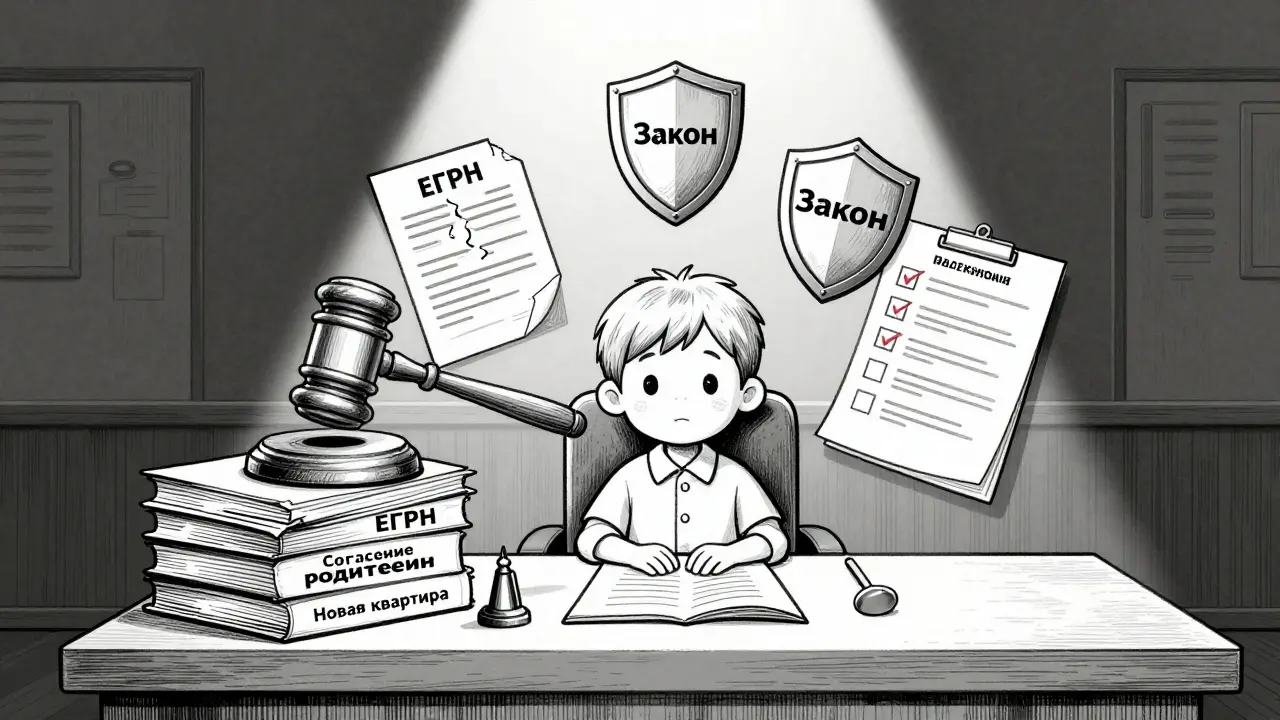 Судебный процесс, где документы по сделке с несовершеннолетним проверяются, а ребёнок находится в центре как защитник прав.
