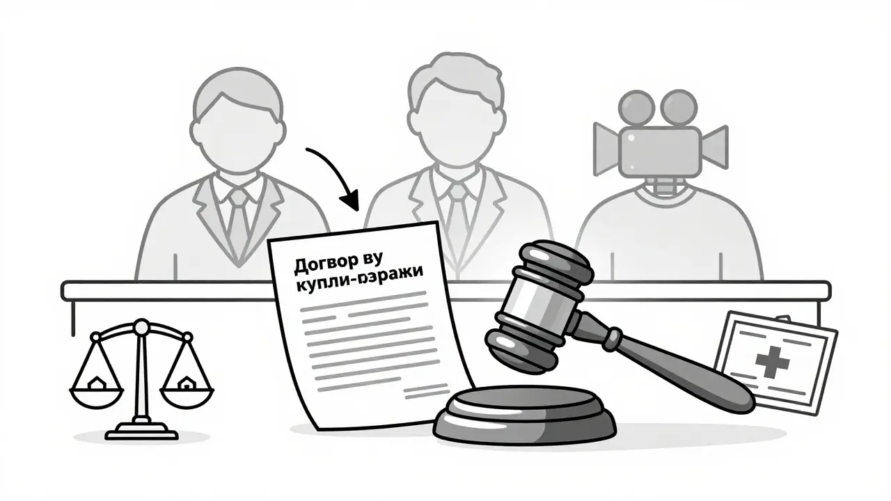 Судебный процесс вокруг договора купли-продажи квартиры, подкрепленный доказательствами: психиатр, видео, родственник.