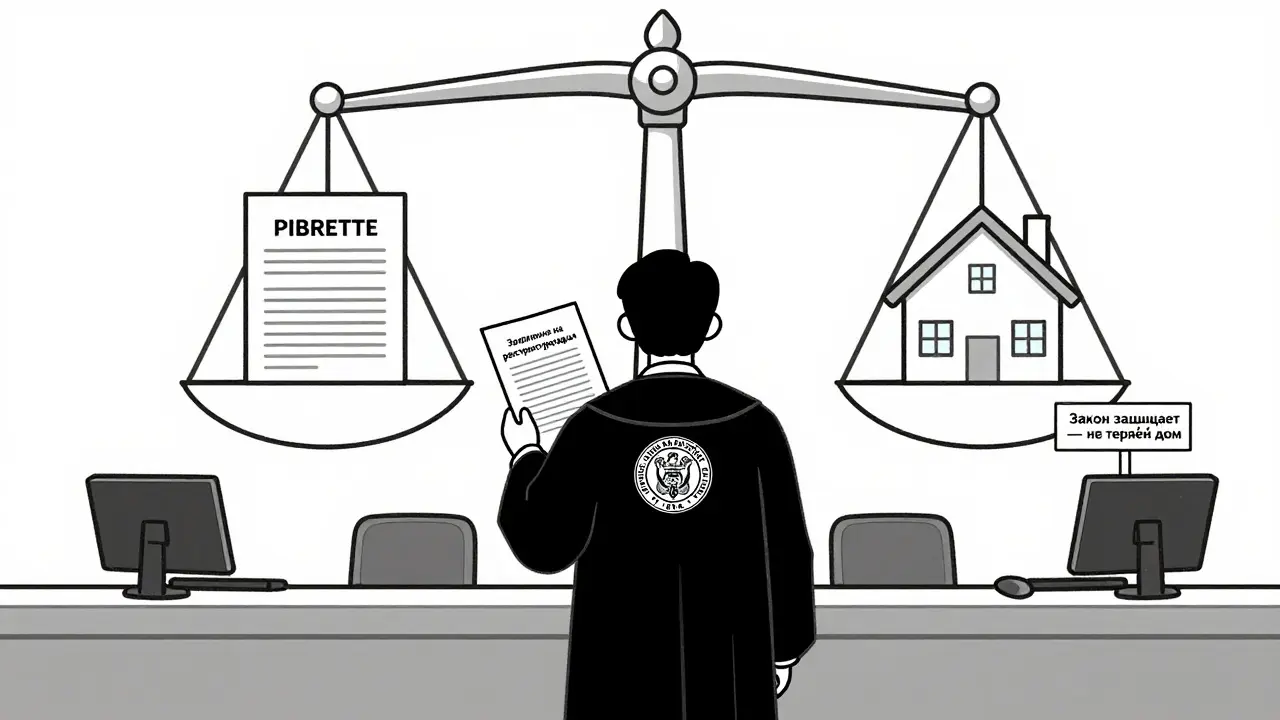 Человек подает заявление на реструктуризацию ипотеки перед судом с символом ЦБ РФ и домом на весах.