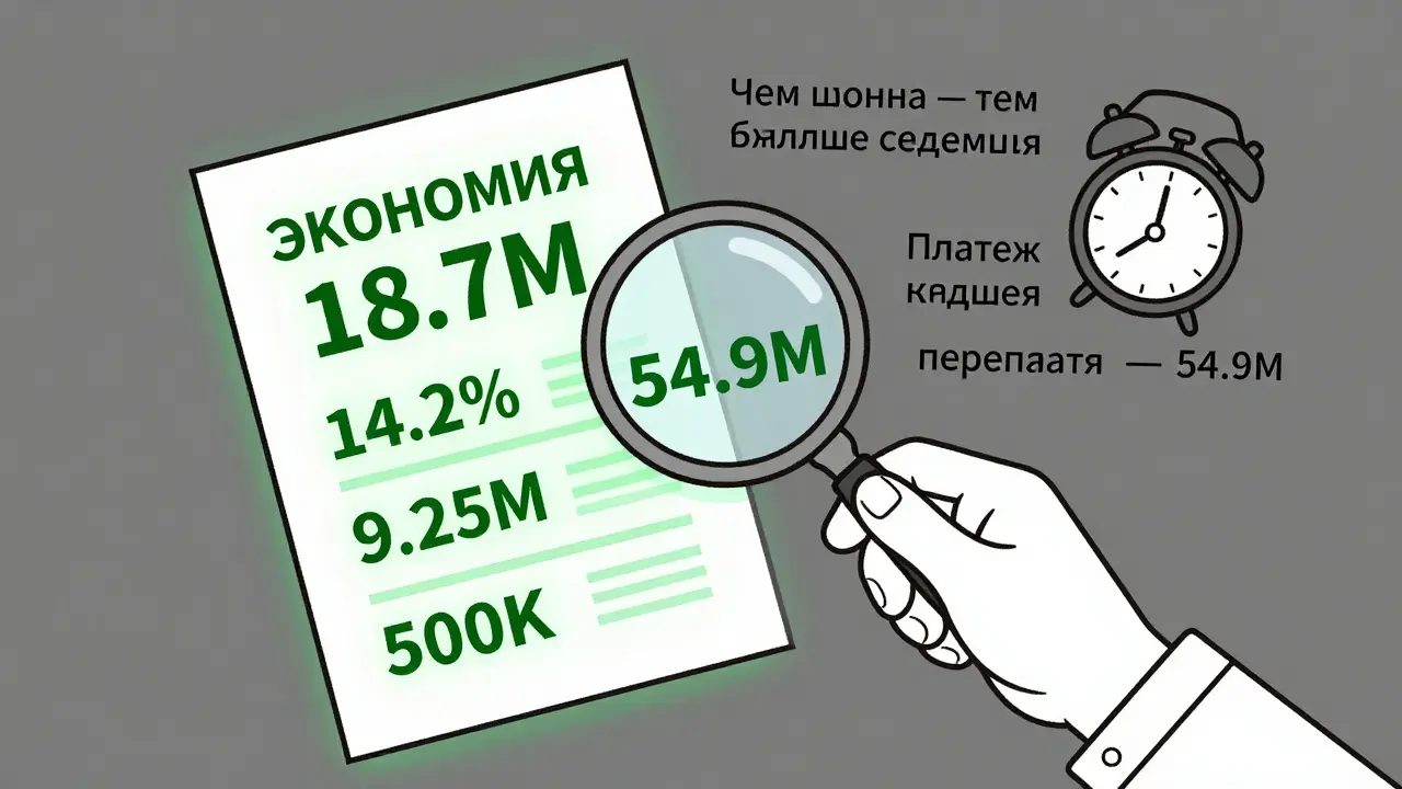 Человек рассматривает ипотечный договор с цифрами, одна сторона светится зеленым от экономии, другая — серая с переплатой.