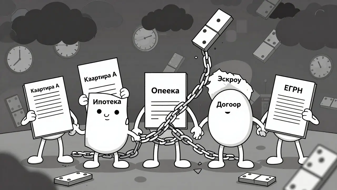 Цепочка из шести людей, где одно звено вот-вот разорвется, символизируя риски альтернативной сделки.