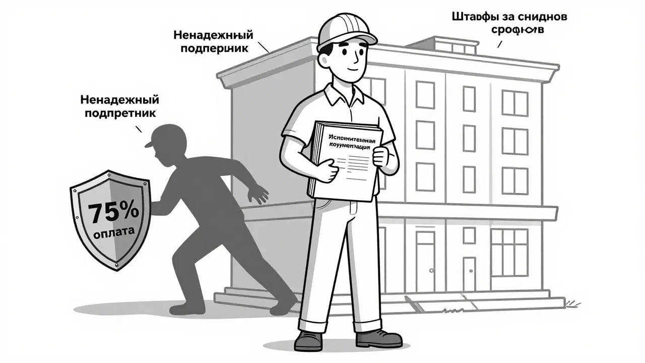 Домовладелец держит документы, защищенный щитом с условиями оплаты и надзором, мошенник отодвигается.