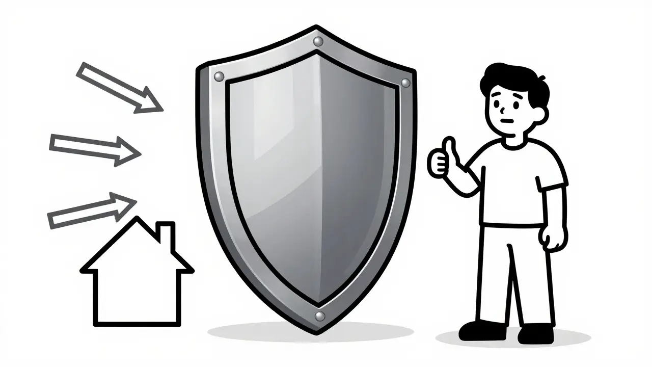 Карикатурное изображение безопасной сделки с защитным щитом вокруг дома.