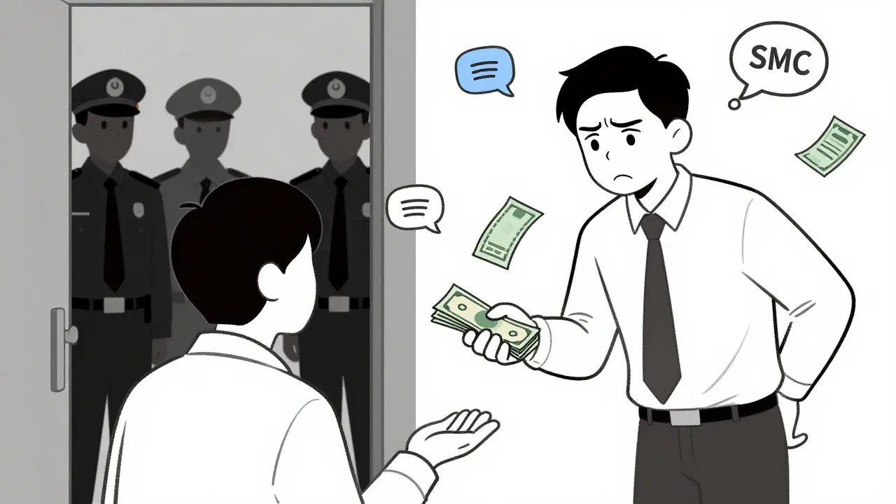 Landlord hands cash to tenant while tax inspectors observe secretly, surrounded by digital evidence of rental activity.