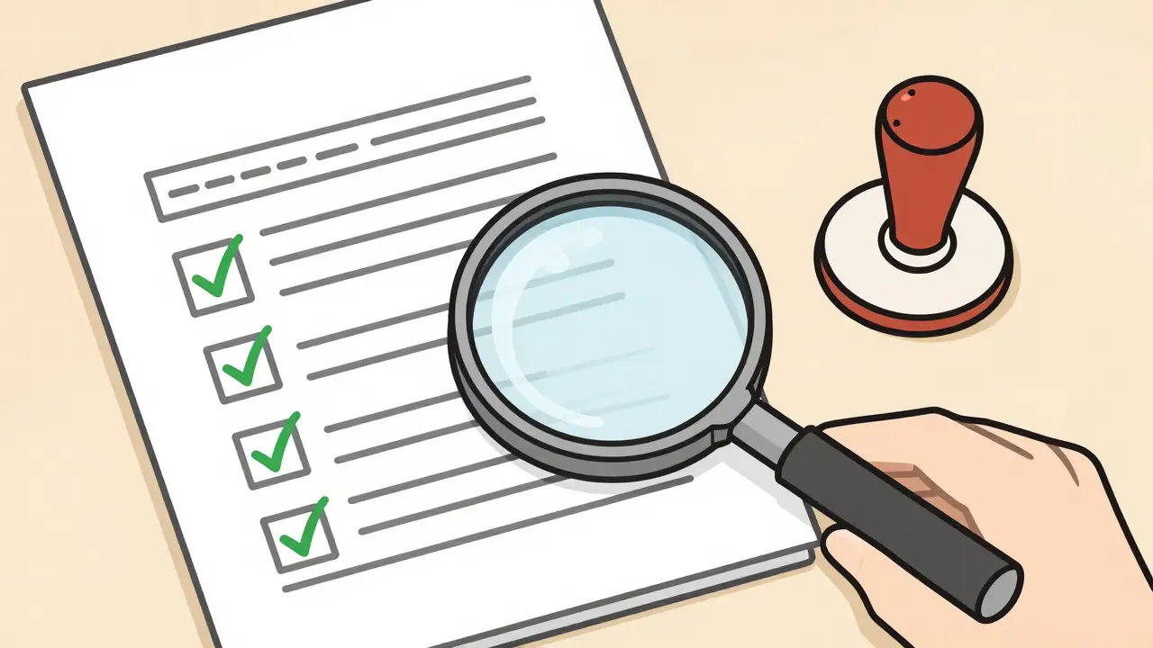 Линейный арт проверки юридических документов нотариуса под увеличительным стеклом.