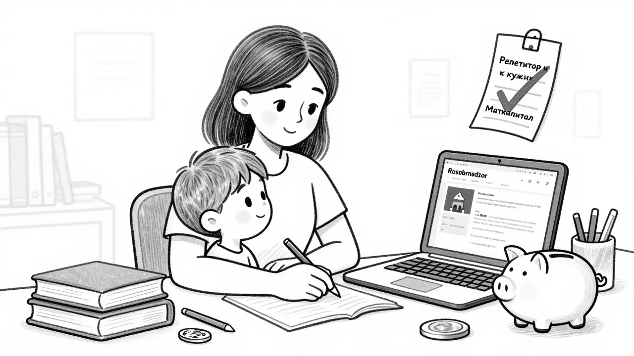 Мать и ребёнок занимаются учёбой, вокруг — учебные материалы и чеки, символизирующие использование маткапитала на образование.