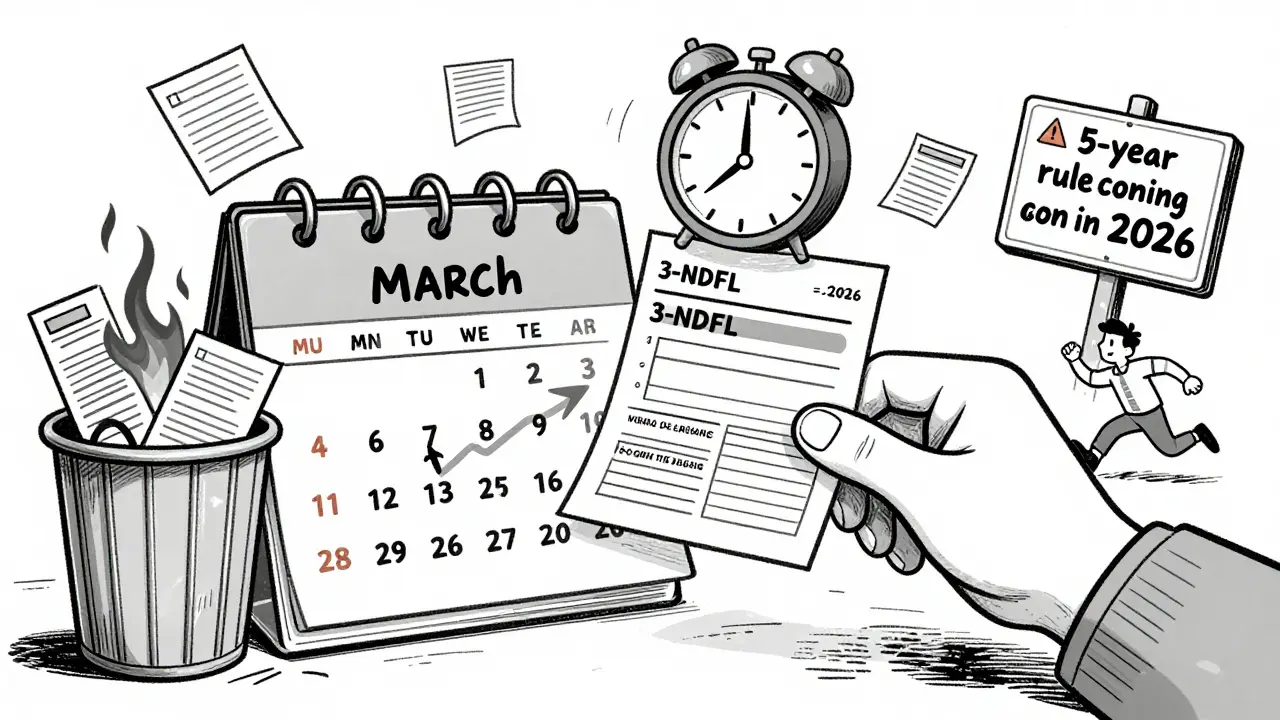 Новая форма 3-НДФЛ появляется 1 марта 2025 года, старые формы горят, на фоне — дедлайн подачи декларации.