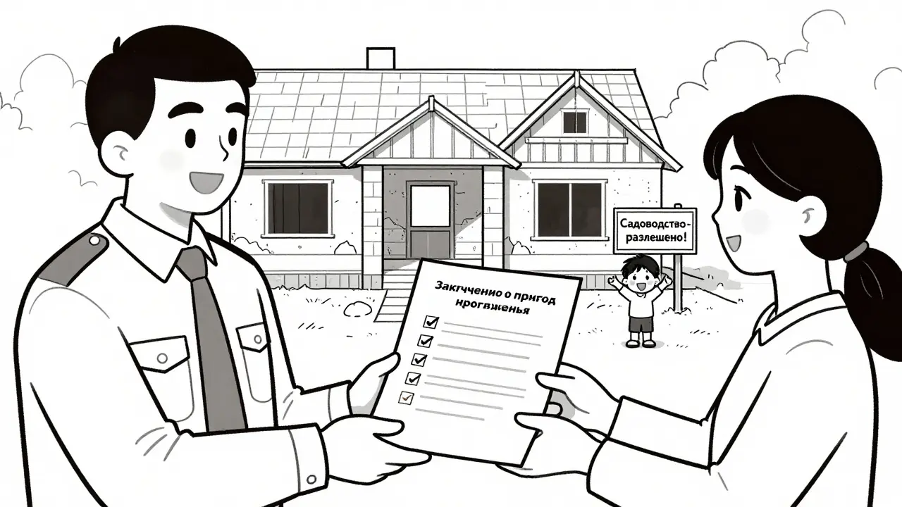 Официант выдает заключение о пригодности жилья с подключенными коммуникациями.