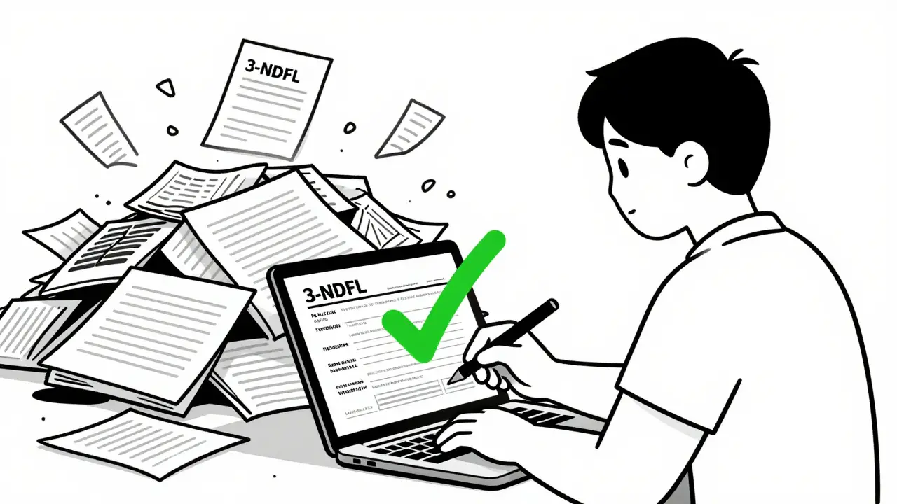 Person files tax form peacefully as penalties crumble away, symbolizing the benefits of voluntary tax compliance.