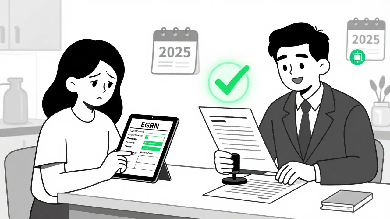 Покупатель и нотариус проверяют данные недвижимости, рядом — значок блокчейна.