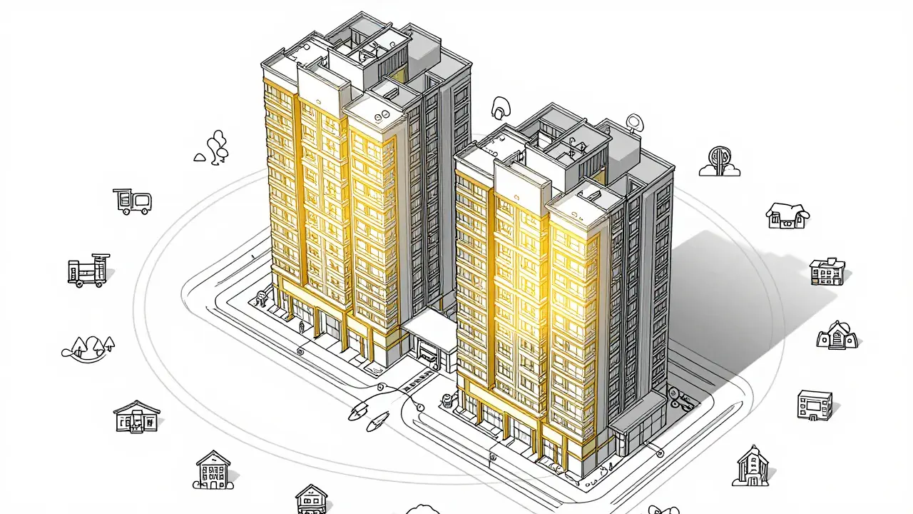 Разрез жилого комплекса с выделенными выгодными квартирами и инфраструктурой в пешей доступности.
