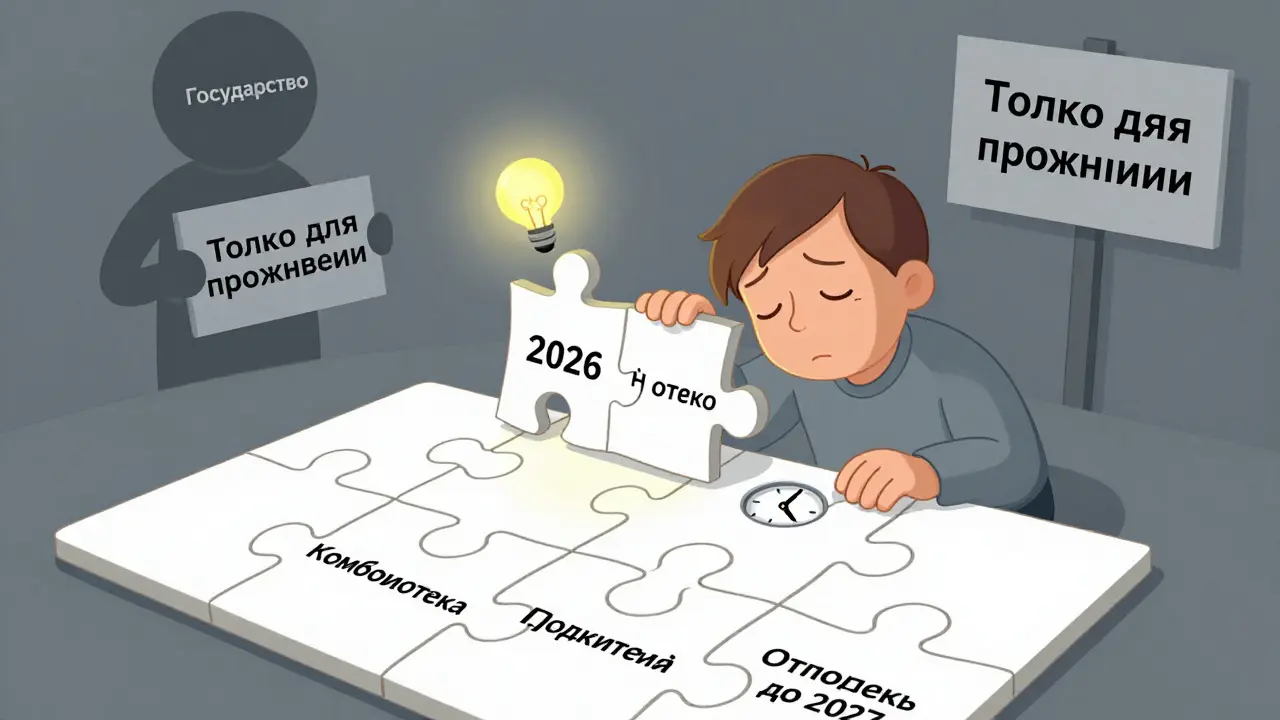 Родитель собирает пазл из трех вариантов покупки жилья под давлением времени, рядом тень государства.