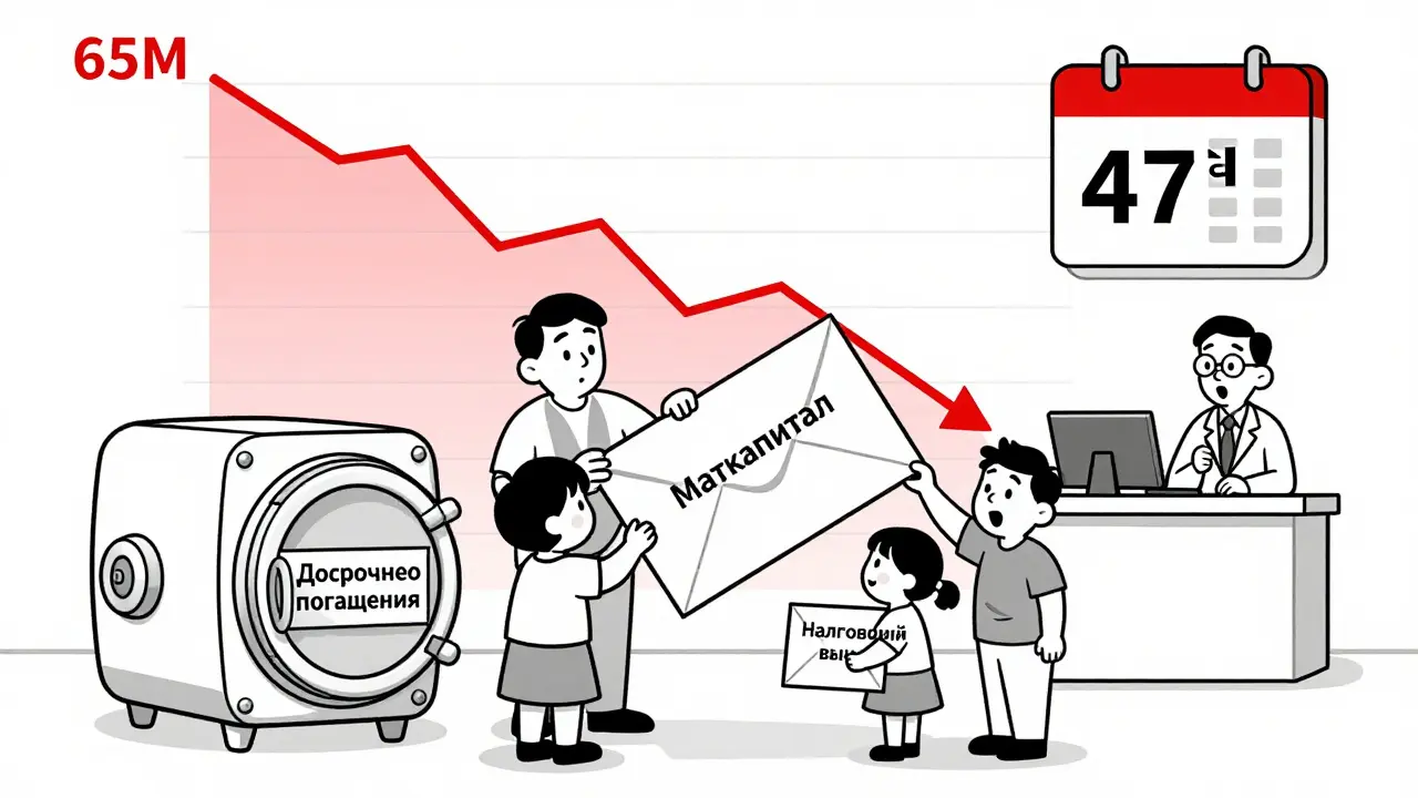 Семья кладет материнский капитал и налоговый вычет в сейф для досрочного погашения ипотеки, график долга резко падает.