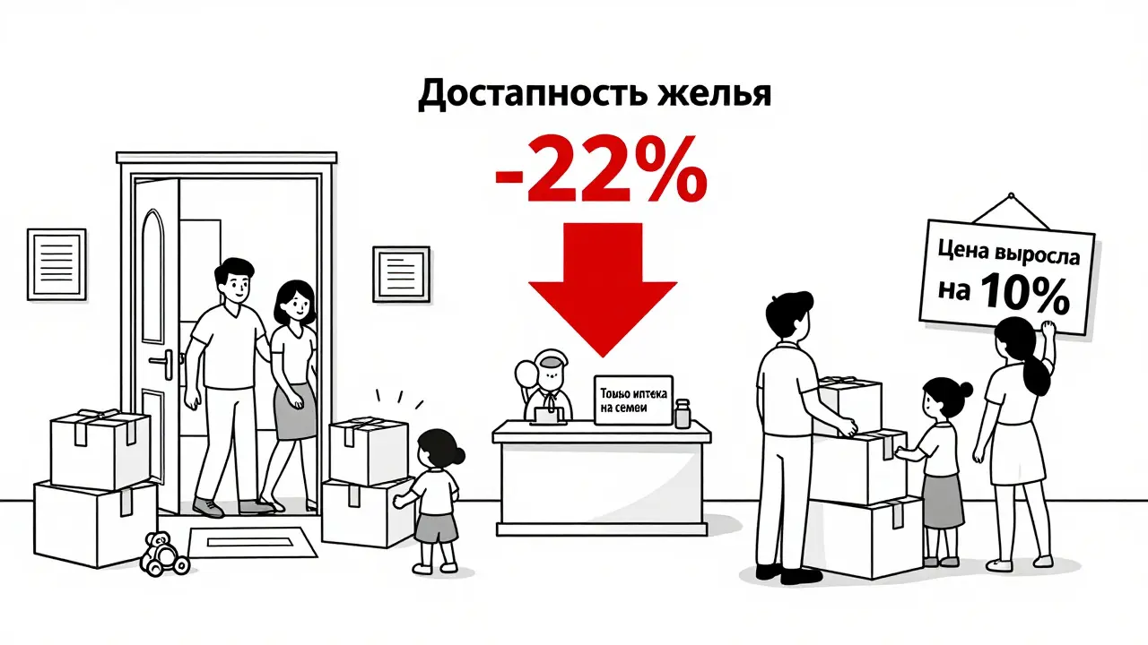 Семья въезжает в квартиру, другая уезжает, между ними стрелка с надписью о снижении доступности жилья.