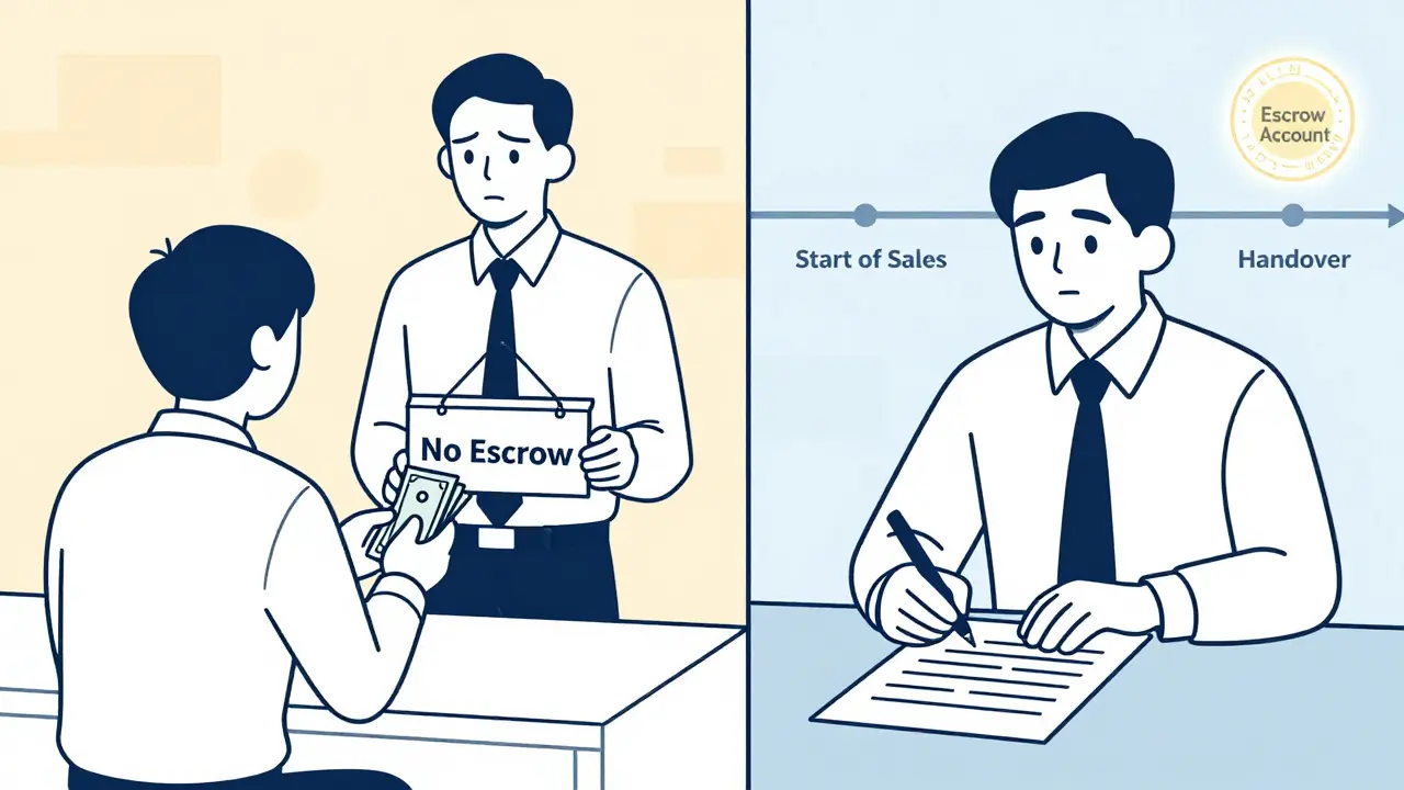 Сравнение безопасной сделки с эскроу и рискованной без него — контраст двух сцен.