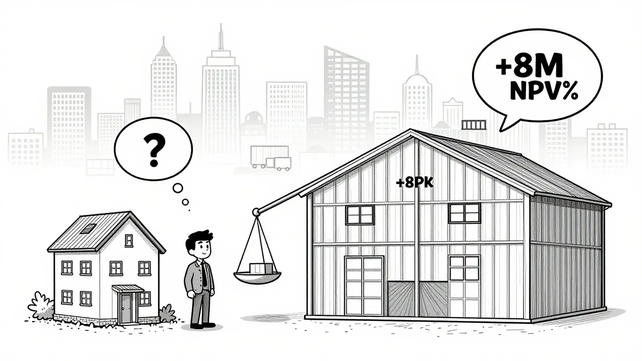 Сравнение двух инвестиций: квартира и склад с одинаковым IRR, но разной NPV.