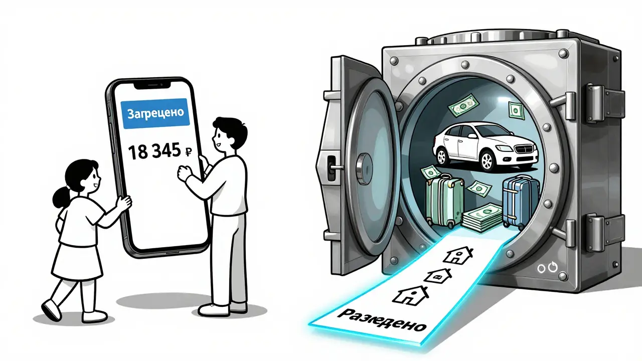 Сравнение разрешённых и запрещённых расходов материнского капитала: с одной стороны — жильё и образование, с другой — запрещённые предметы.