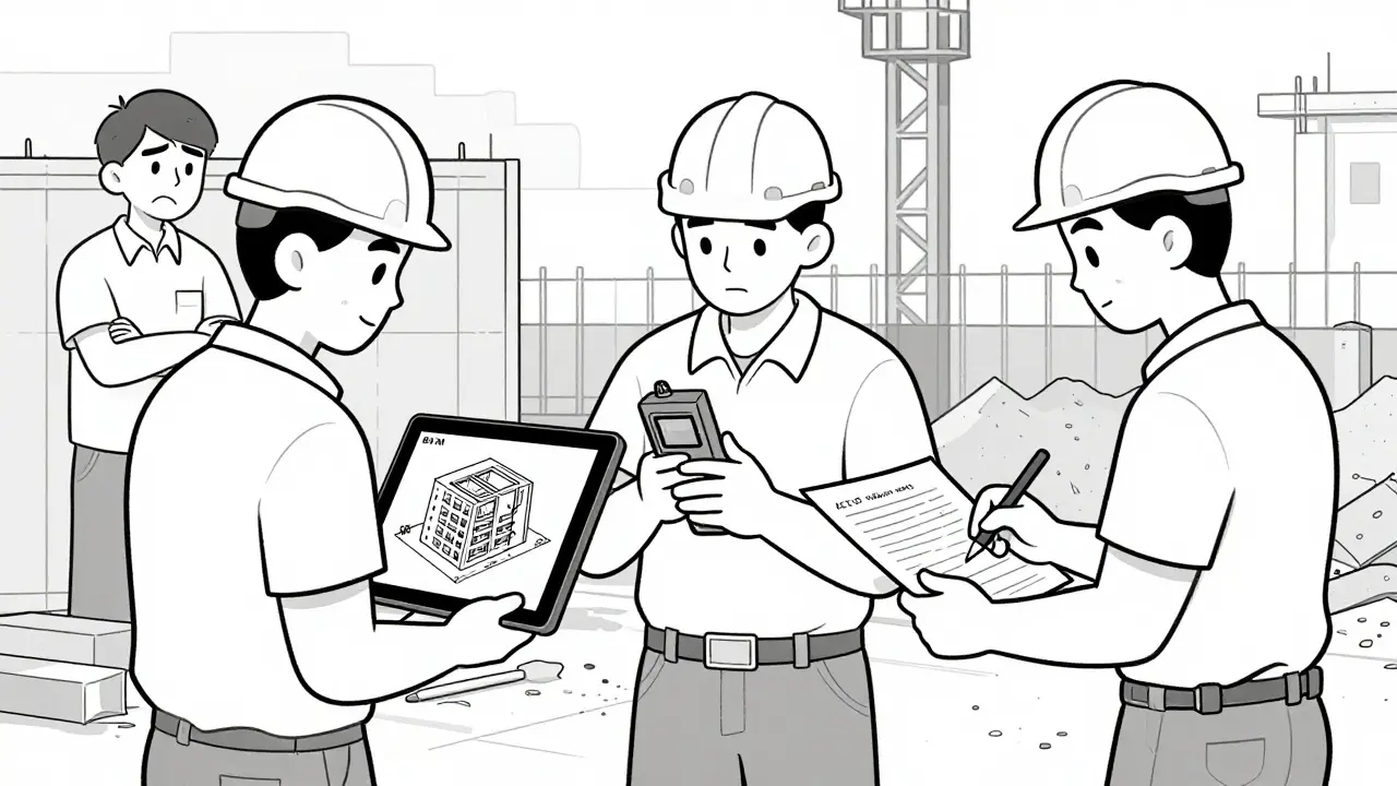 Строительная площадка: рабочие используют цифровые инструменты, домовладелец наблюдает за процессом.