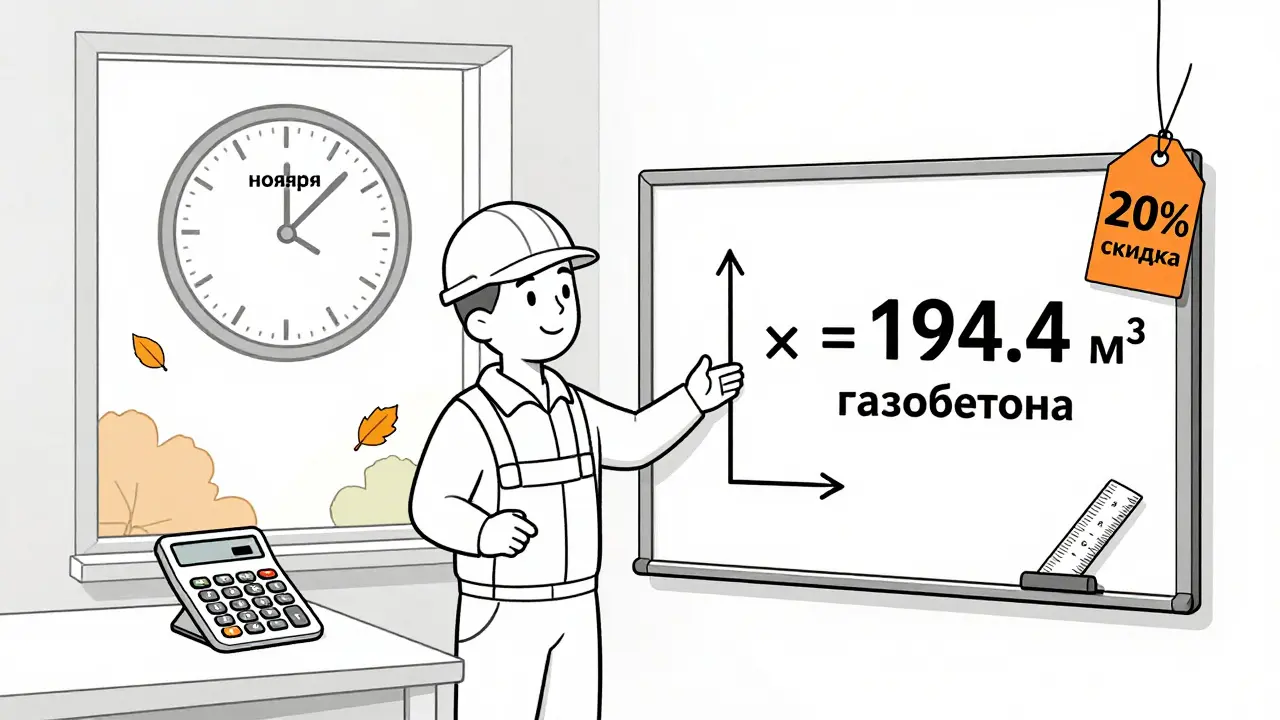 Строитель объясняет расчет объема стен на доске, за окном — осень, цена со скидкой.