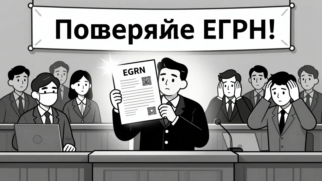 Судья разоблачает поддельную выписку ЕГРН, покупатель и продавец в реакции.