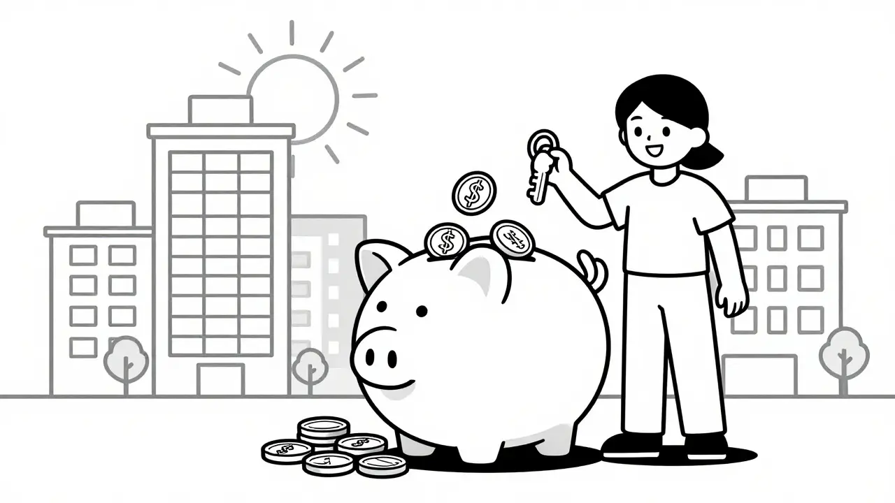 Владелец дома рад сэкономленным средствам на фоне здания.