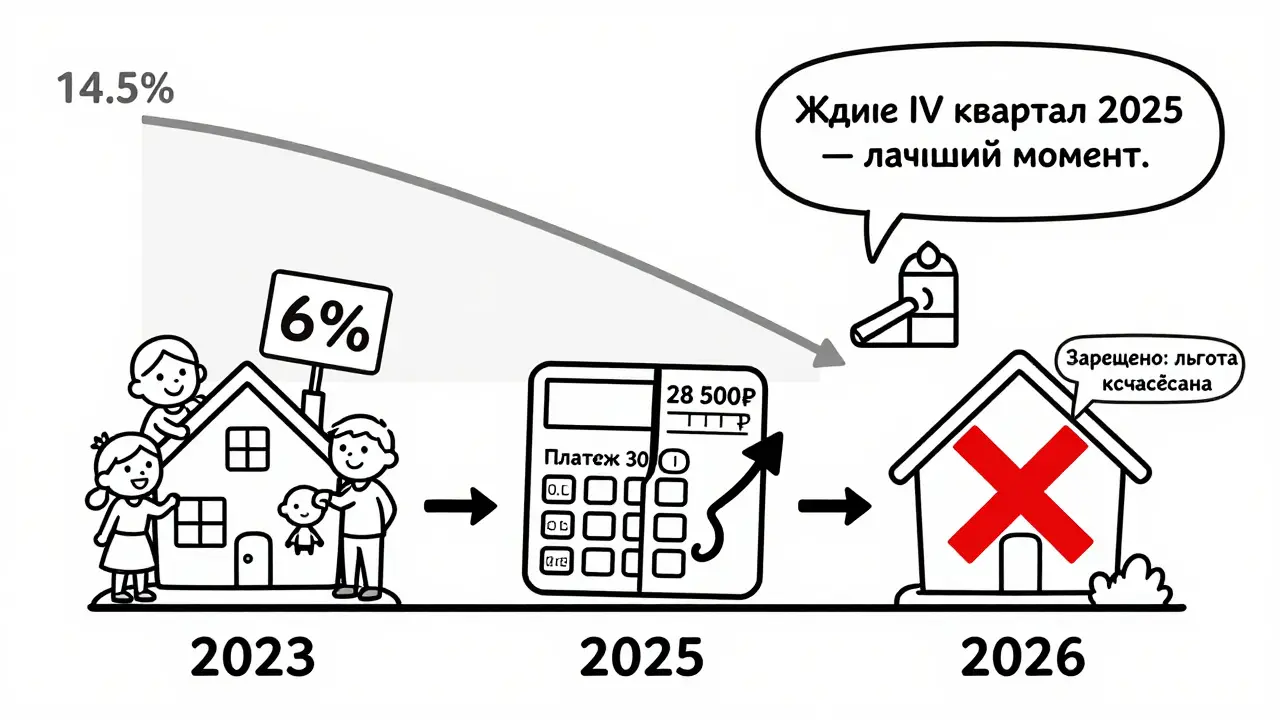 Временная шкала от 2023 до 2026 года с изменениями в ипотечных ставках и ограничениях