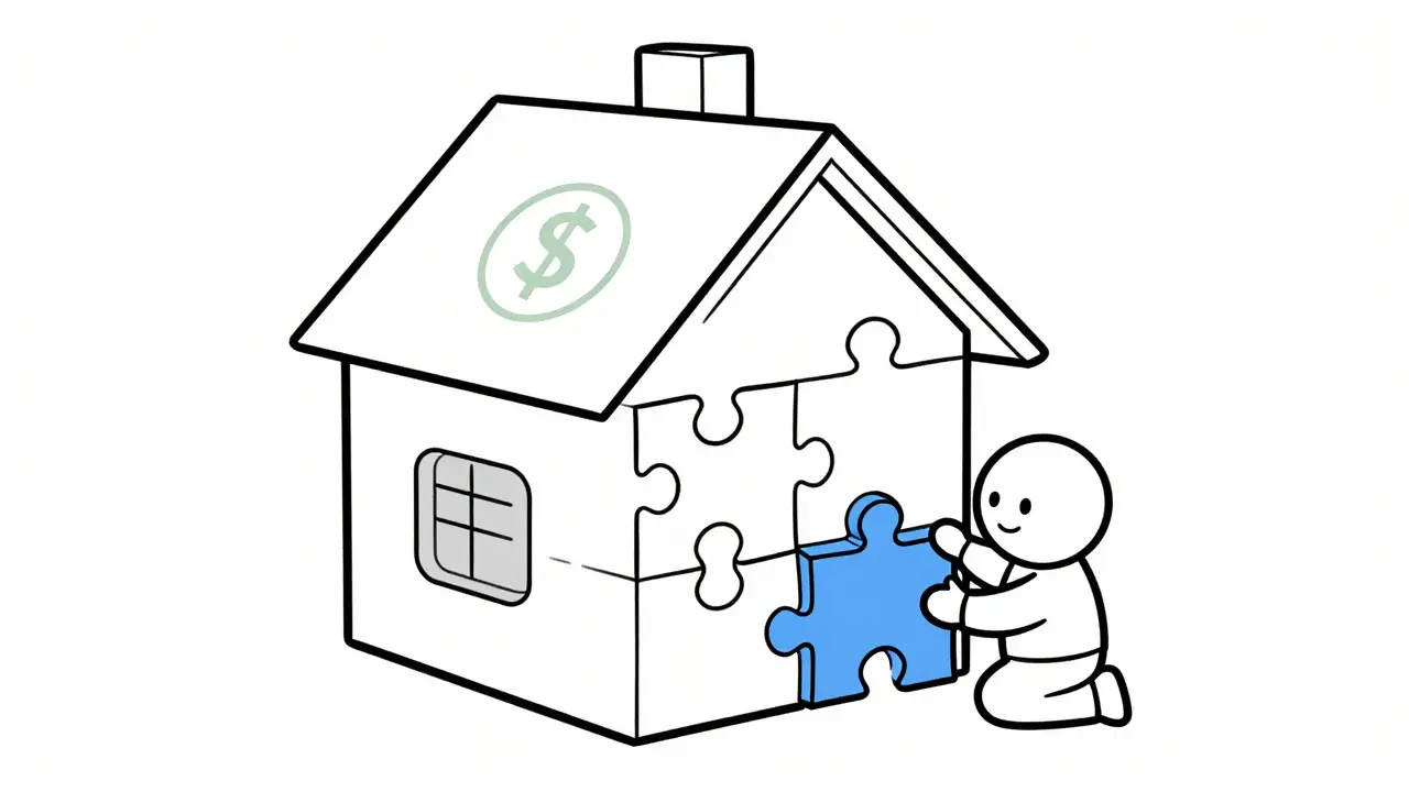 Дом из пазлов, символизирующий расчет налогового вычета из разных источников средств