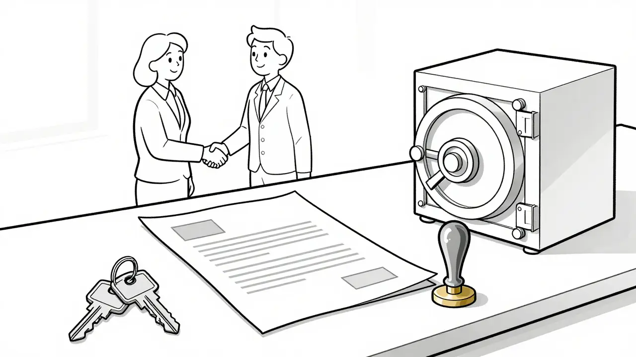 Линейный рисунок с ключами от квартиры, нотариальным документом и банковским сейфом