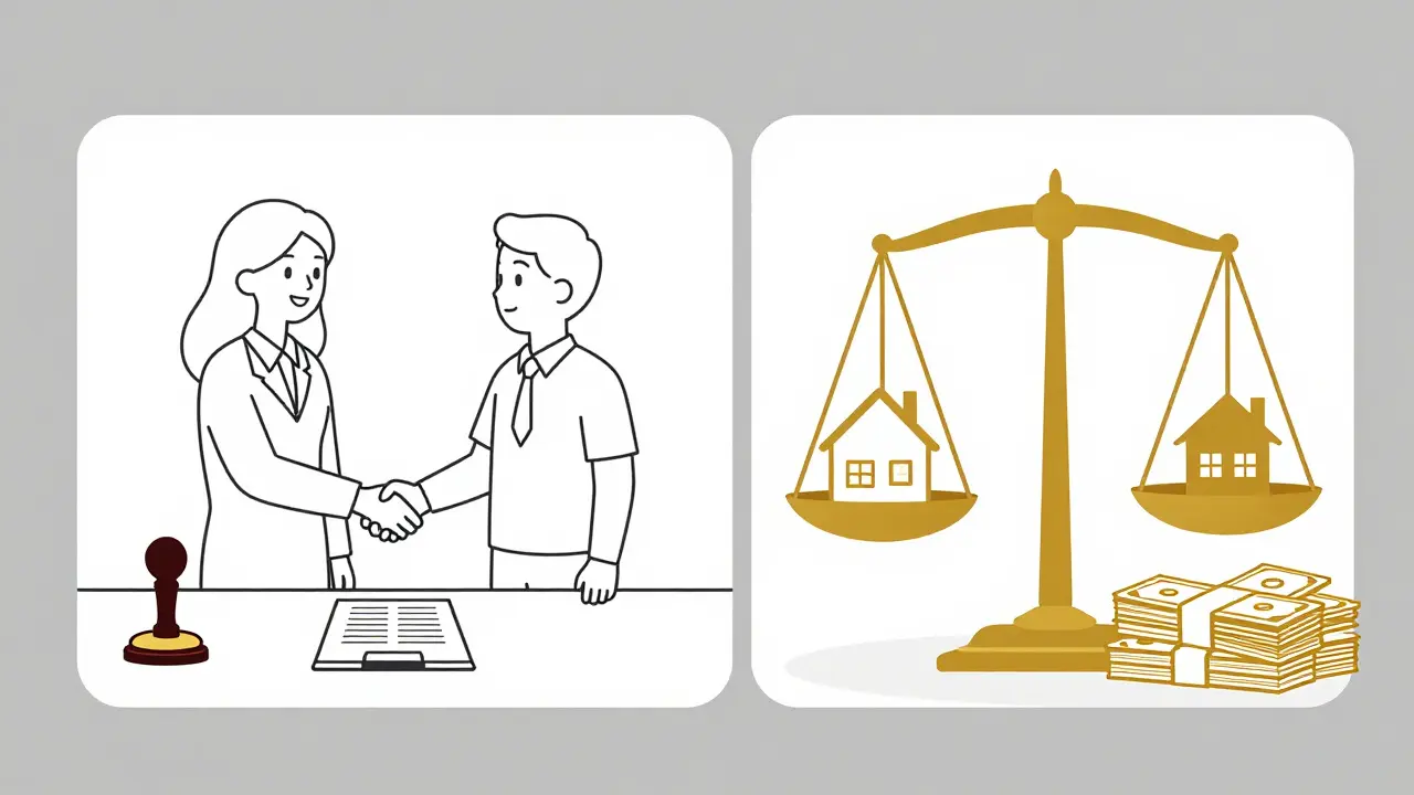 Нотариус заверяет сделку по недвижимости и весы с домом и деньгами