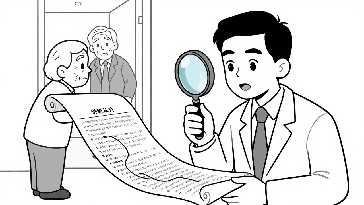 Покупатель изучает историю владельцев квартиры с помощью лупы и общается с соседом