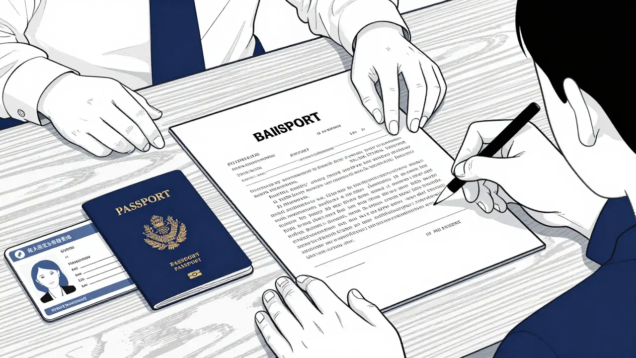 Процесс подписания договора найма с паспортом и миграционной картой на столе