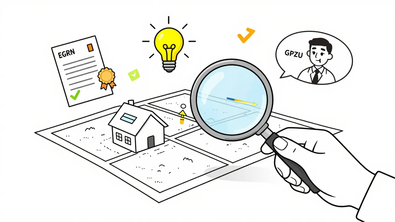 Процесс проверки земельного участка перед покупкой с иконками документов и сетей