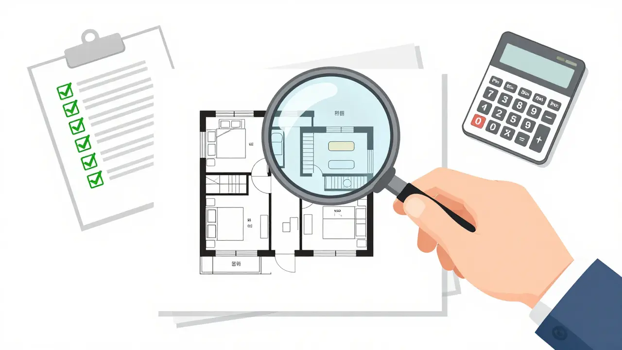 Рабочее место оценщика с планом квартиры и документами
