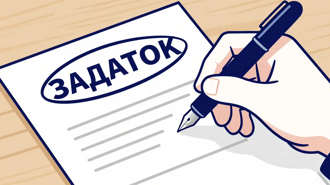 Рука пишет слово «задаток» в расписке на бумаге