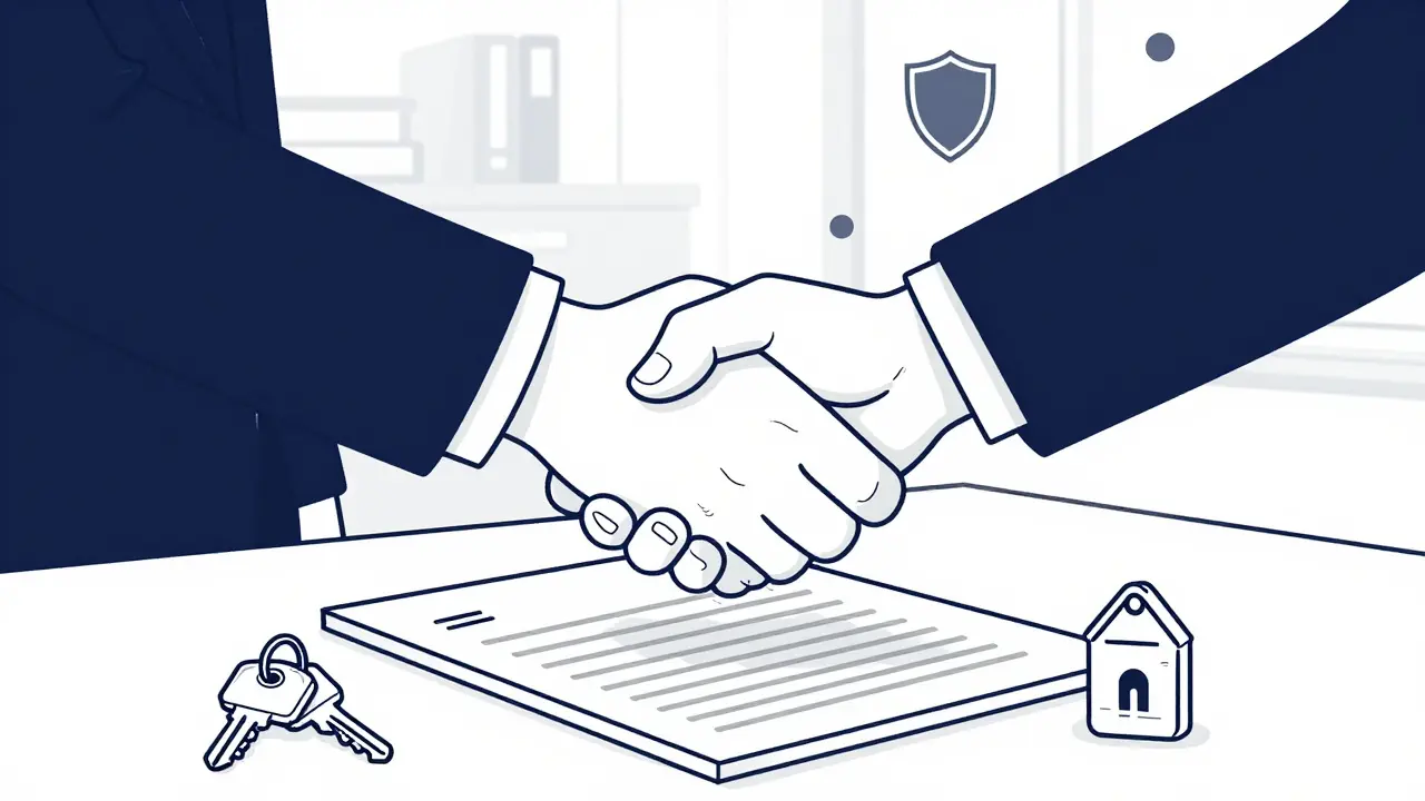 Рукопожатие сторон и ключи от квартиры на столе