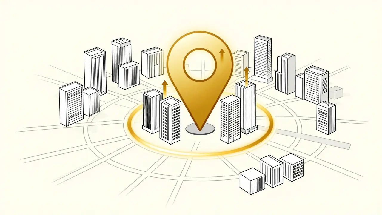 Схематичная карта города с выделенной золотой зоной вокруг станции метро