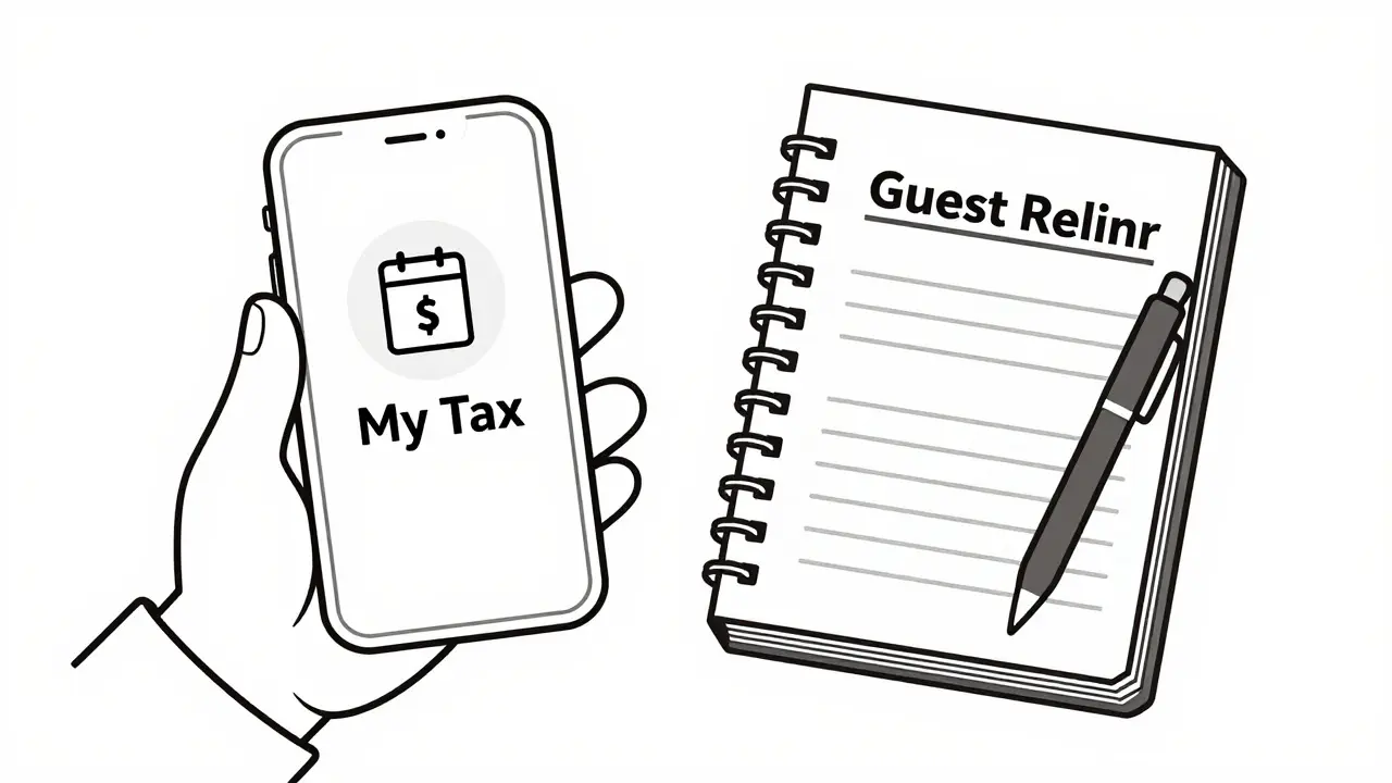 Смартфон с налоговым приложением и журнал учета клиентов