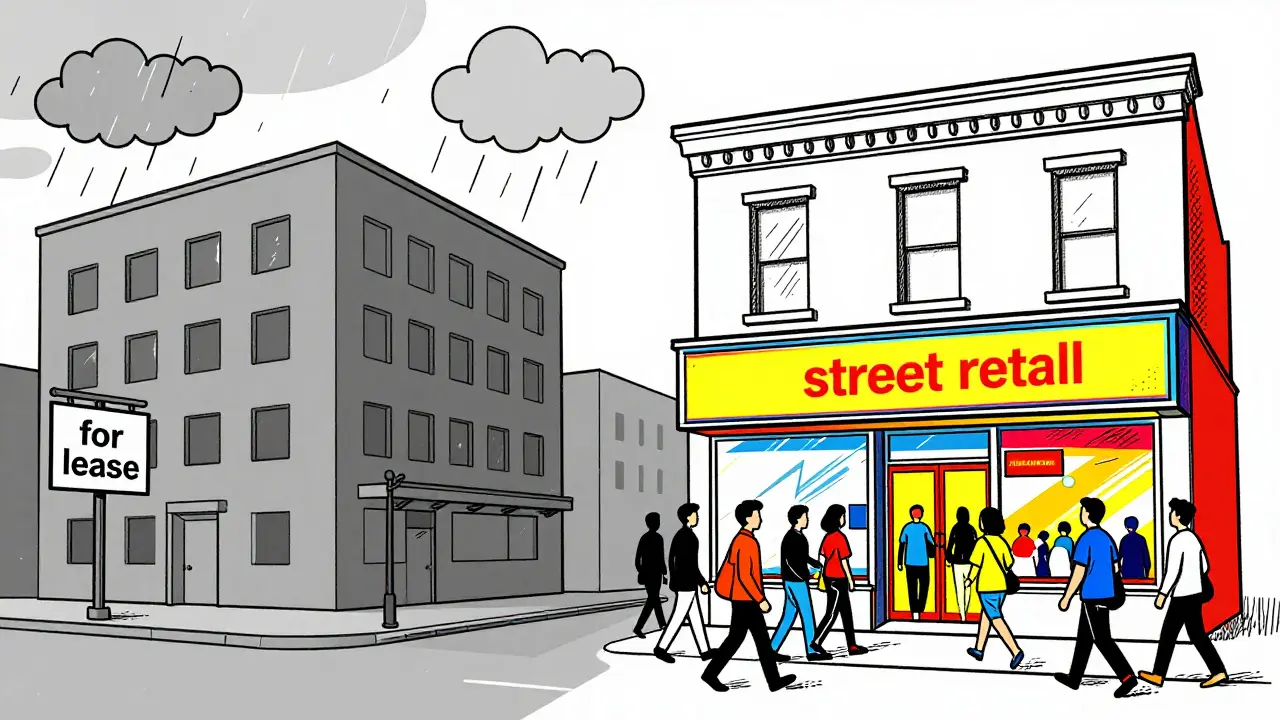 Сравнение пустого офисного здания и популярного магазина на первой линии улицы