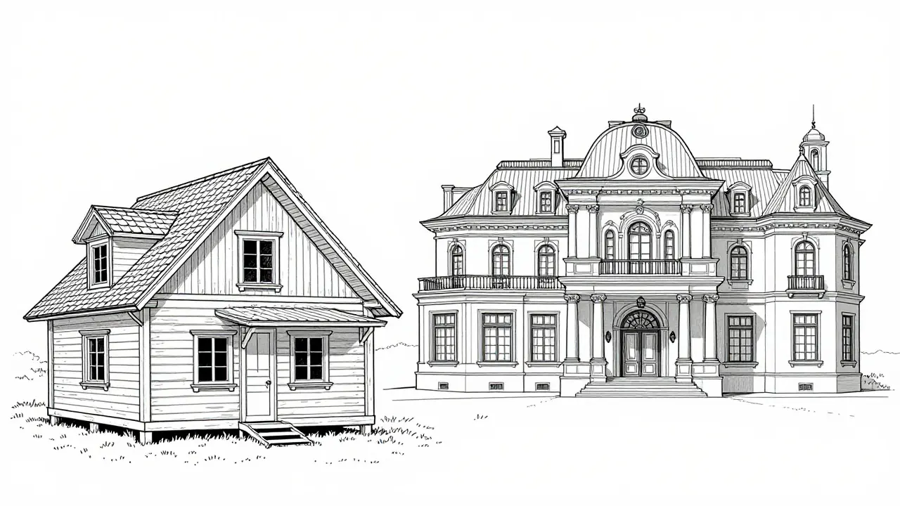 Сравнение скромной дачи и роскошного особняка в стиле иллюстрации