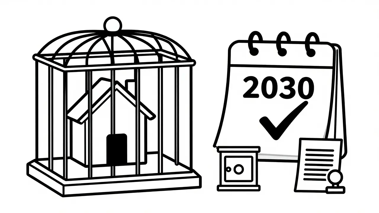 Дом в клетке и календарь 2030 года, символизирующие ограничения ипотеки