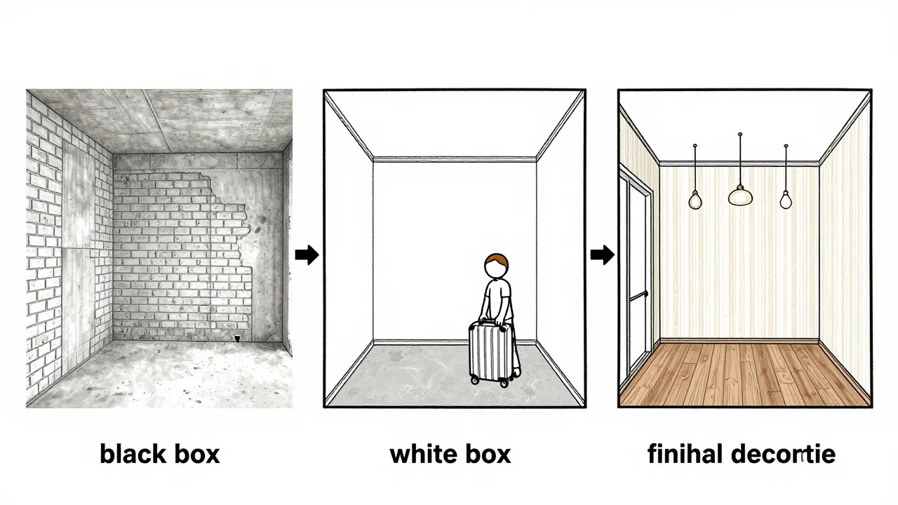 Сравнительная иллюстрация трех этапов отделки квартиры: черновой, white box и чистовой