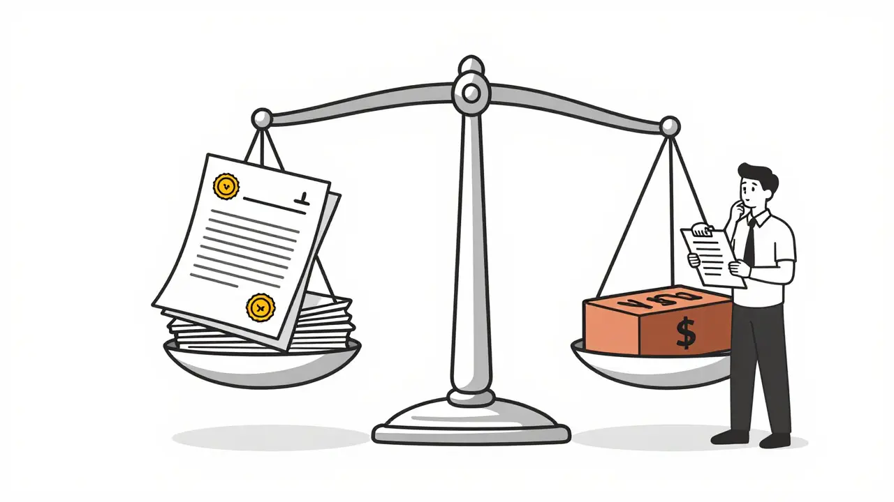Весы с документами и деньгами символизируют проверку сделки