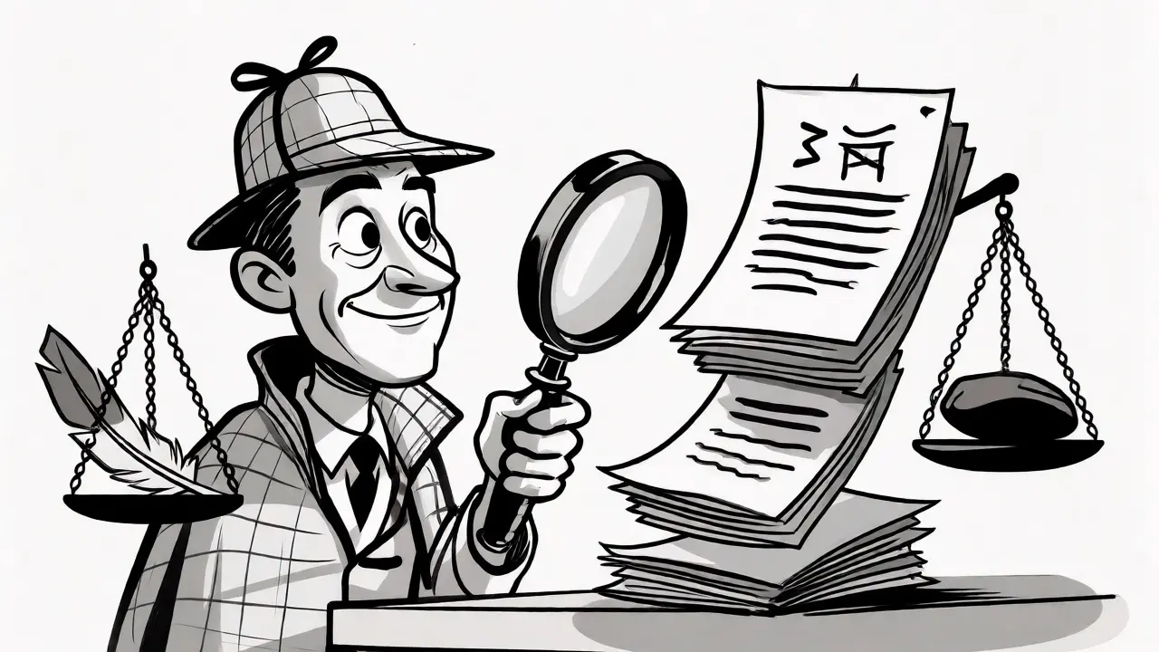 Карикатурный стиль: заемщик с лупой изучает договор, чтобы найти скрытые условия и сохранить выгодную ставку.